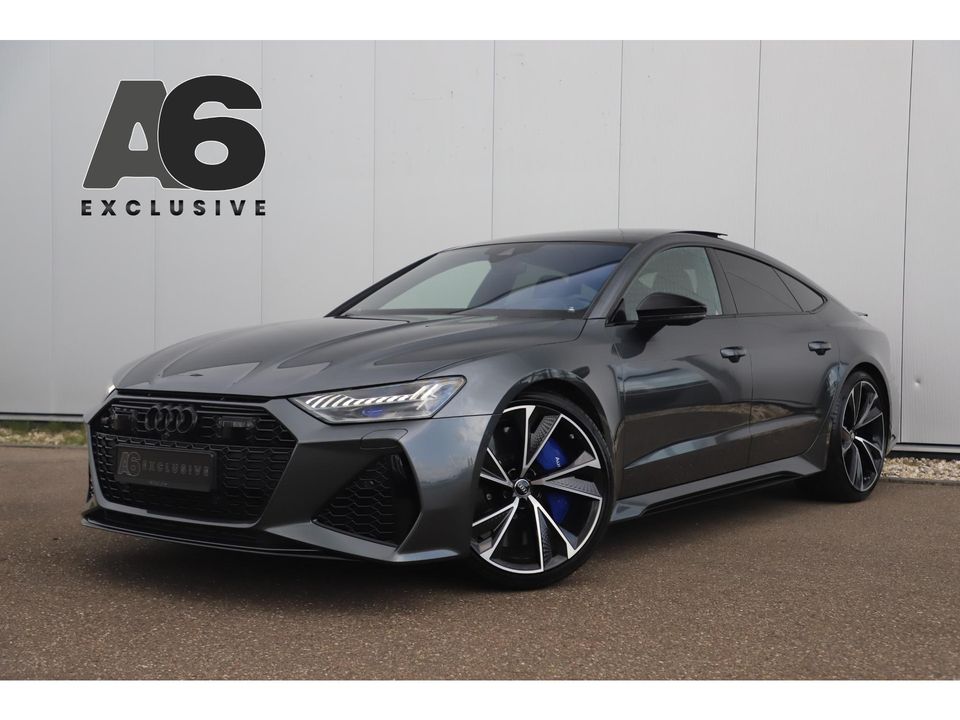 Audi RS7 4.0 TFSI RS 7 Sportback Quattro 600PK Fabrieksgarantie 22 inch Keramisch B&O High End Alcantara Hemel Dynamic Plus Pack 4-wiel Sturing Softclose Stoelverkoeling Panoramadak Laser LED HUD 360 Camera Full Options! Nieuwstaat!